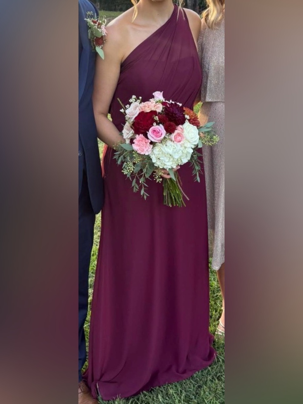 Birdie Grey Kira Dress, One-Shoulder Burgundy Maxi Dress for Women